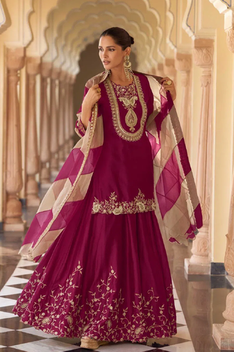 Wine embroidered silk sharara salwar kameez