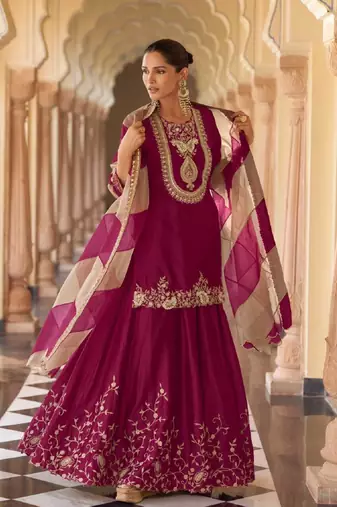 Wine embroidered silk sharara salwar kameez