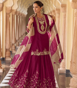 Wine embroidered silk sharara salwar kameez