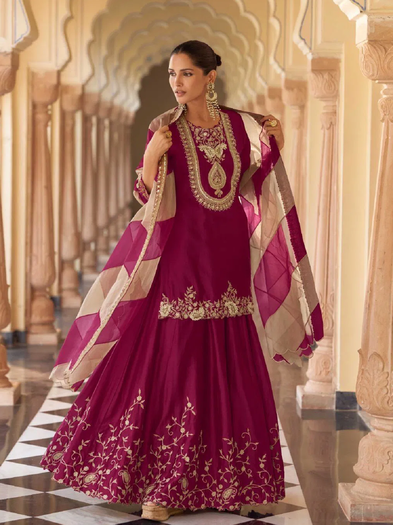 Wine embroidered silk sharara salwar kameez