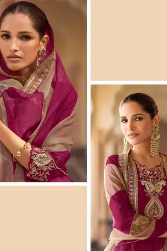 Wine embroidered silk sharara salwar kameez
