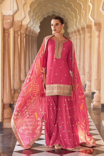 Pink embroidered silk sharara salwar kameez