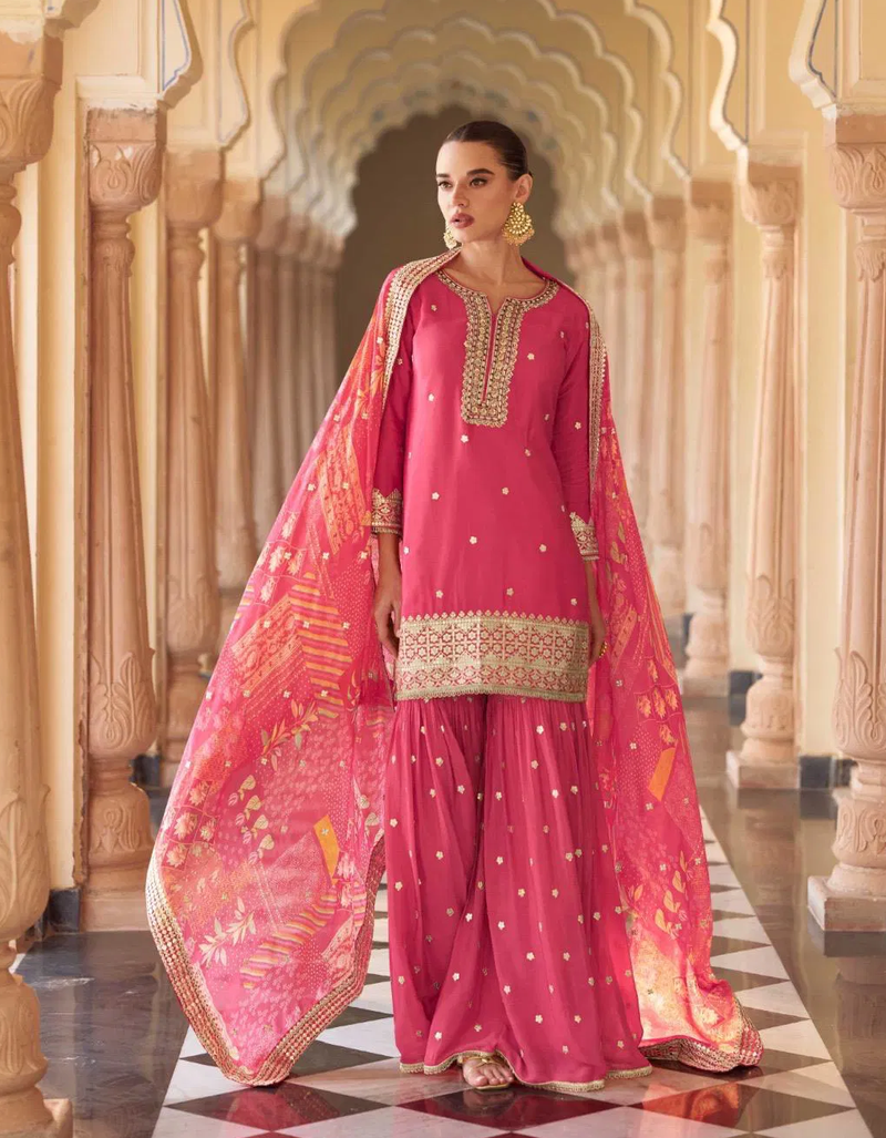Pink embroidered silk sharara salwar kameez
