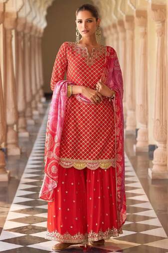 Red embroidered silk sharara salwar kameez