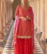 Red embroidered silk sharara salwar kameez