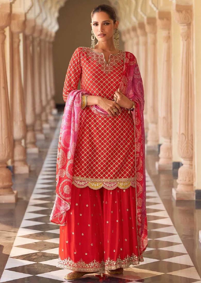 Red embroidered silk sharara salwar kameez