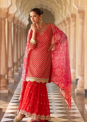Red embroidered silk sharara salwar kameez 2