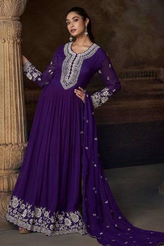 Purple embroidered georgette anarkali-salwar-kameez