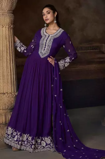 Purple embroidered georgette anarkali-salwar-kameez