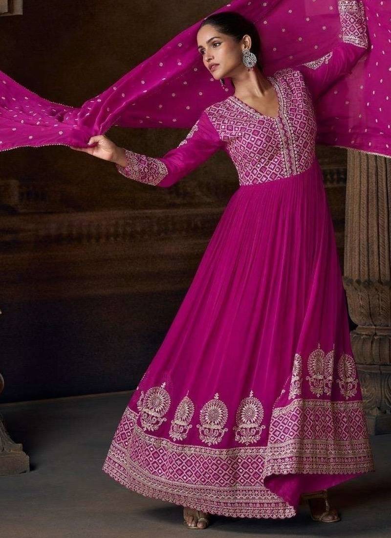 Magenta embroidered georgette anarkali-salwar-kameez