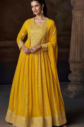 Yellow embroidered georgette anarkali-salwar-kameez