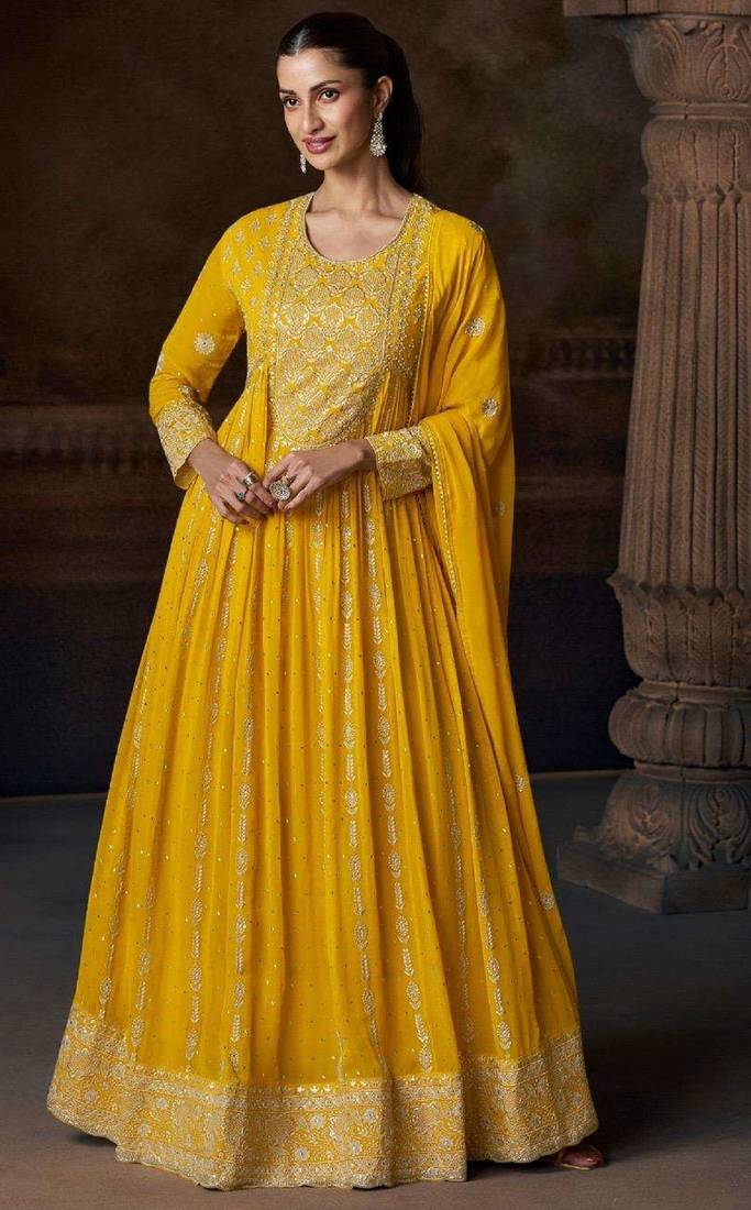 Yellow embroidered georgette anarkali-salwar-kameez