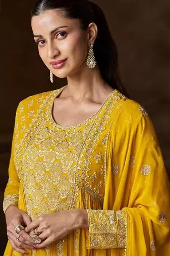 Yellow embroidered georgette anarkali-salwar-kameez