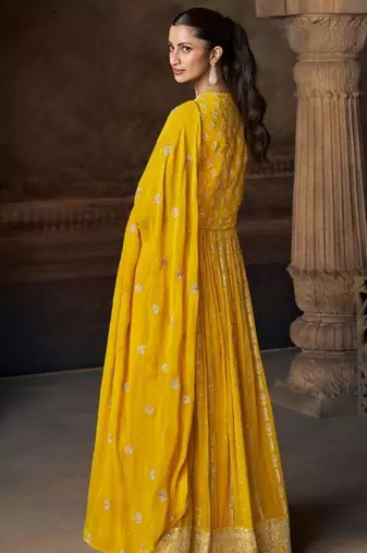 Yellow embroidered georgette anarkali-salwar-kameez