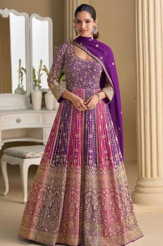 Purple embroidered georgette anarkali-salwar-kameez