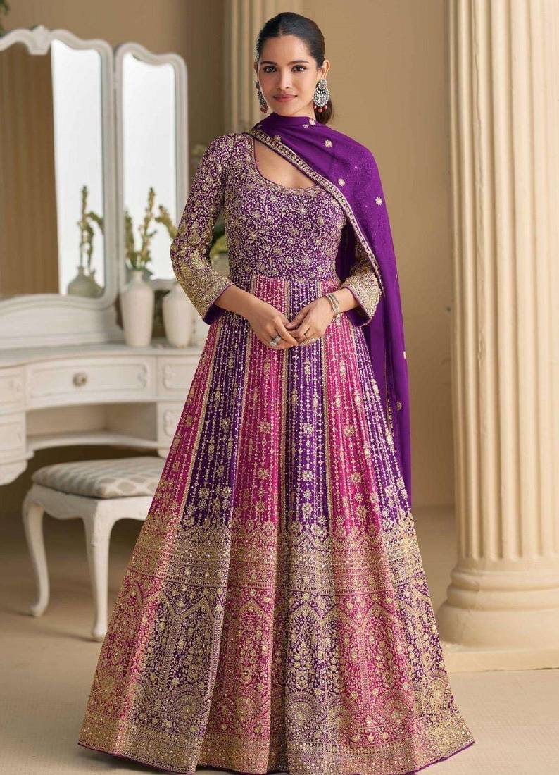 Purple embroidered georgette anarkali-salwar-kameez