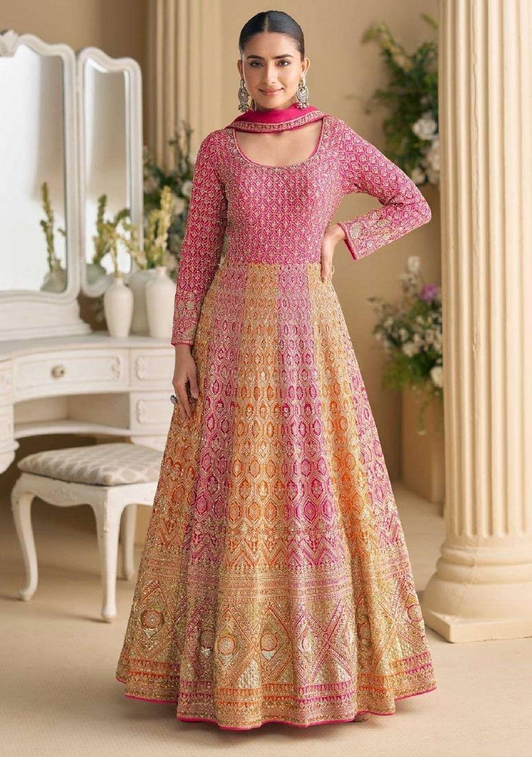 Pink embroidered georgette anarkali-salwar-kameez