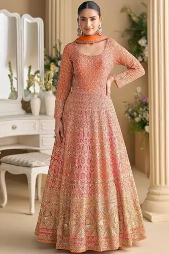 Orange embroidered georgette anarkali-salwar-kameez