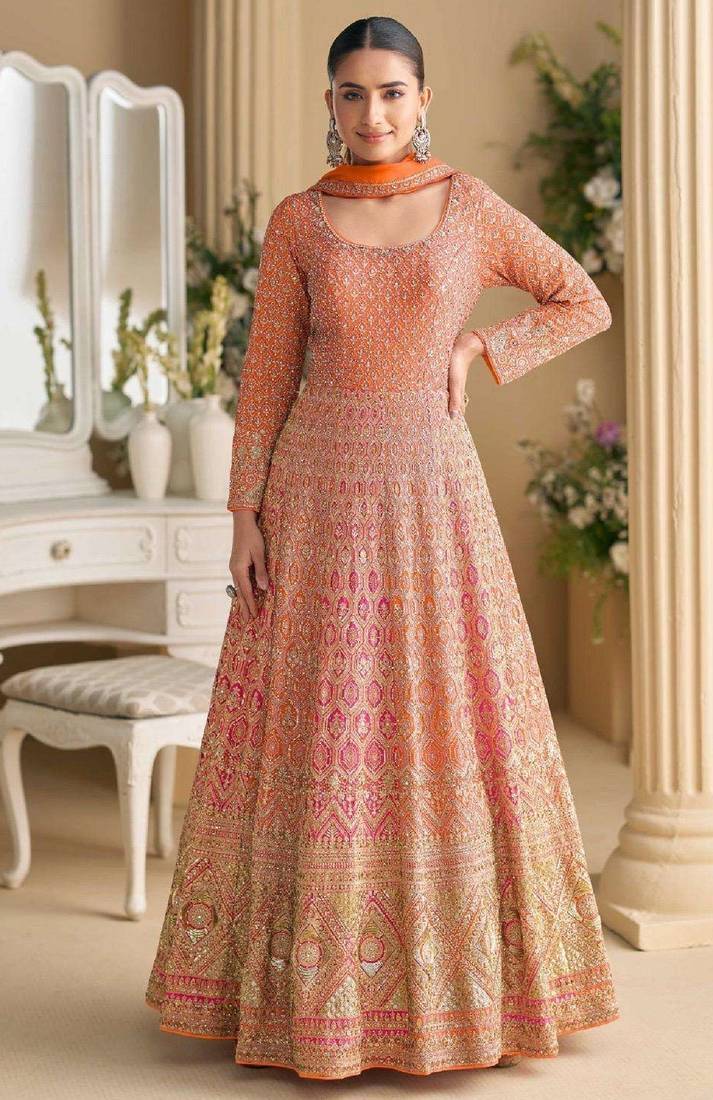 Orange embroidered georgette anarkali-salwar-kameez