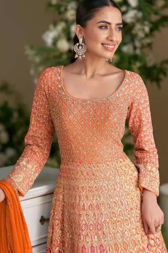 Orange embroidered georgette anarkali-salwar-kameez