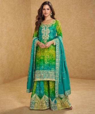Green embroidered silk sharara salwar kameez 1