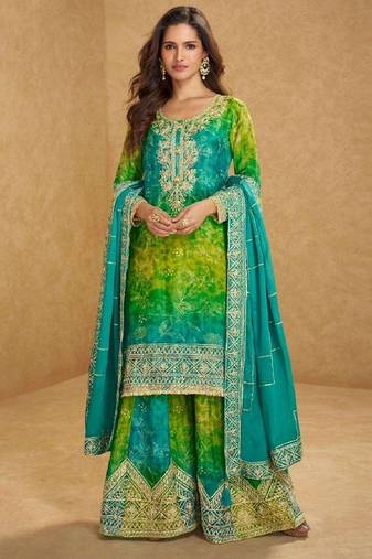 Green embroidered silk sharara salwar kameez
