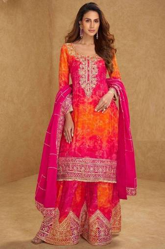 Pink embroidered silk sharara salwar kameez