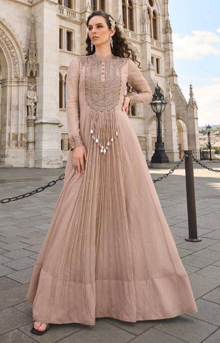 Beige embroidered silk party-wear-salwar-kameez