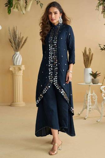Navy-blue embroidered silk pakistani-salwar-kameez