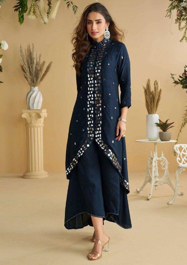 Navy-blue embroidered silk pakistani-salwar-kameez