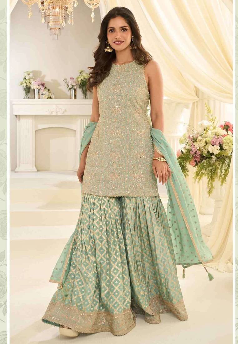Sea-green embroidered silk pakistani-salwar-kameez