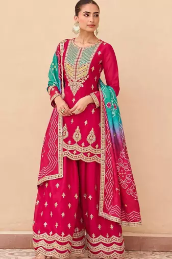 Pink embroidered silk sharara salwar kameez