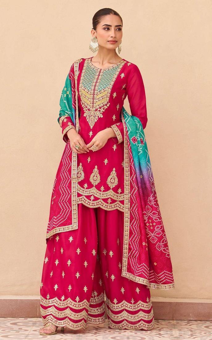Pink embroidered silk sharara salwar kameez