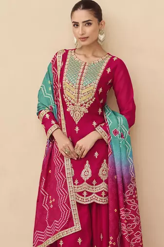 Pink embroidered silk sharara salwar kameez