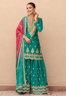Turquoise embroidered silk sharara salwar kameez 1