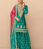 Turquoise embroidered silk sharara salwar kameez