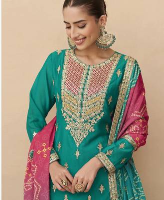 Turquoise embroidered silk sharara salwar kameez 2