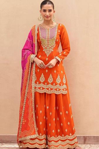Orange embroidered silk sharara salwar kameez