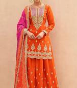 Orange embroidered silk sharara salwar kameez