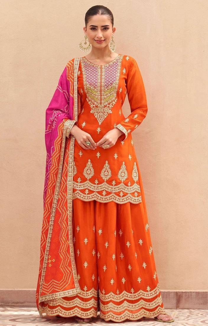 Orange embroidered silk sharara salwar kameez