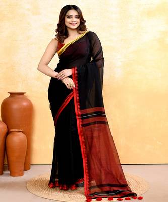 Women's black embellished handloom cotton saree 1