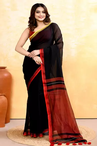 Women's black embellished handloom cotton saree
