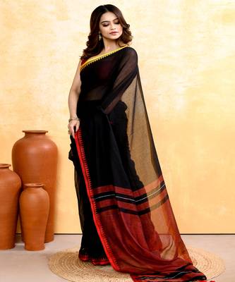 Women's black embellished handloom cotton saree 2
