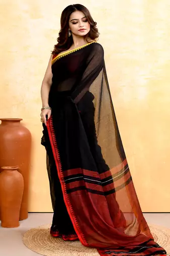 Women's black embellished handloom cotton saree