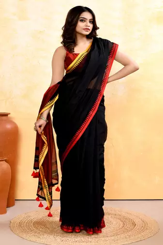 Women's black embellished handloom cotton saree