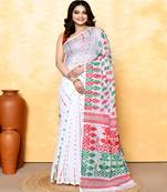 Women's white embellished cotton blend jamdani saree