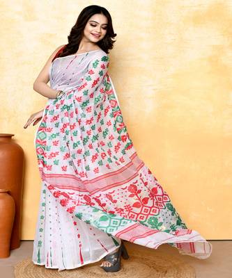 Women's white embellished cotton blend jamdani saree 2