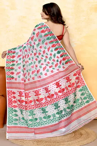 Women's white embellished cotton blend jamdani saree
