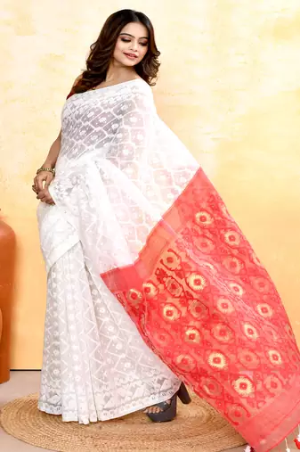 Women's white embellished cotton blend jamdani saree