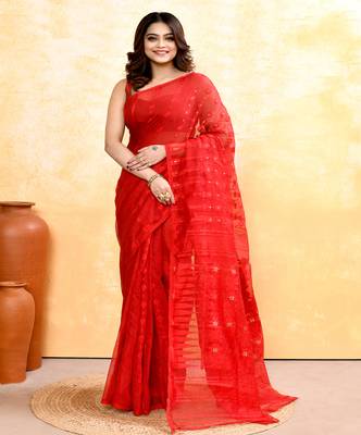 Women's red embellished cotton blend jamdani saree 1